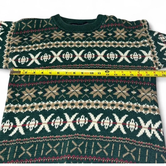 Vintage 80s/90s Fair Isle Nordic Sweater Green Beige Red Knit M/L - Picture 3 of 5